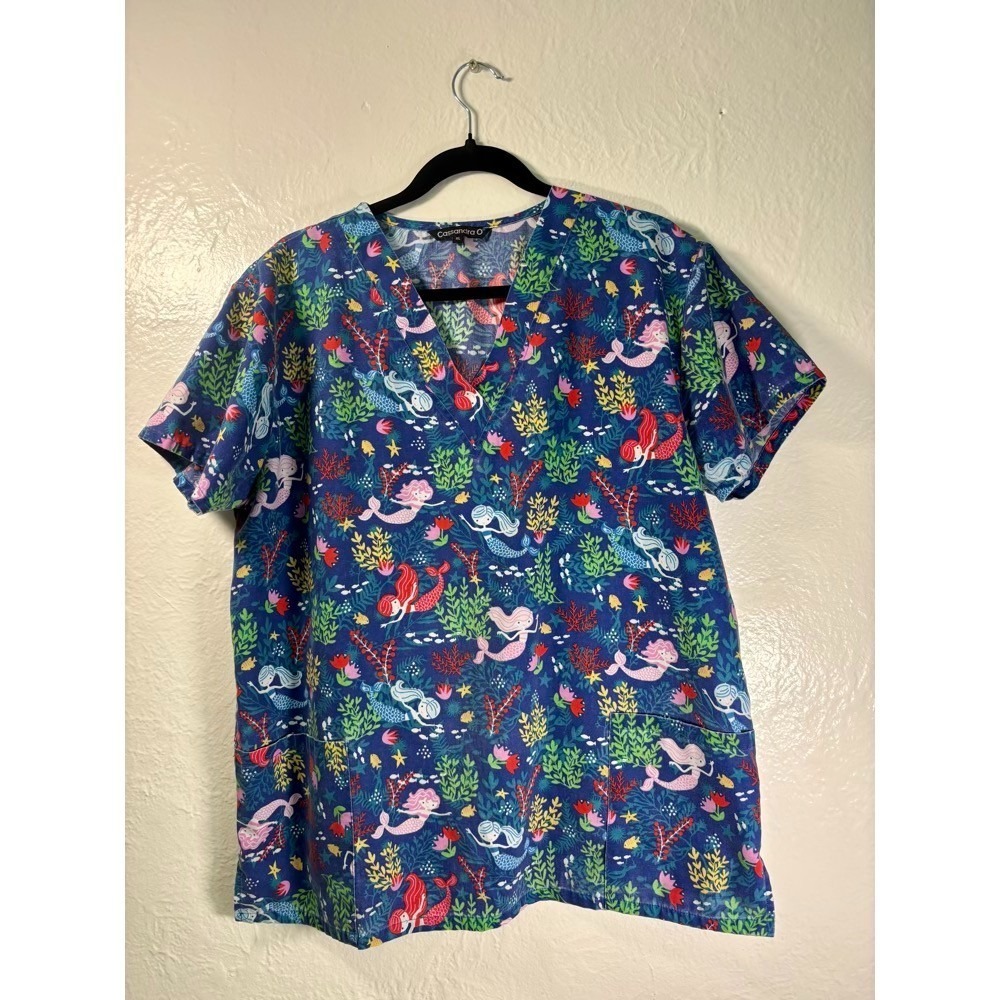 Cassandra O Mermaid XL Scrub Top‎ Medical Dental Nurse Fun Cute Nautical Uniform